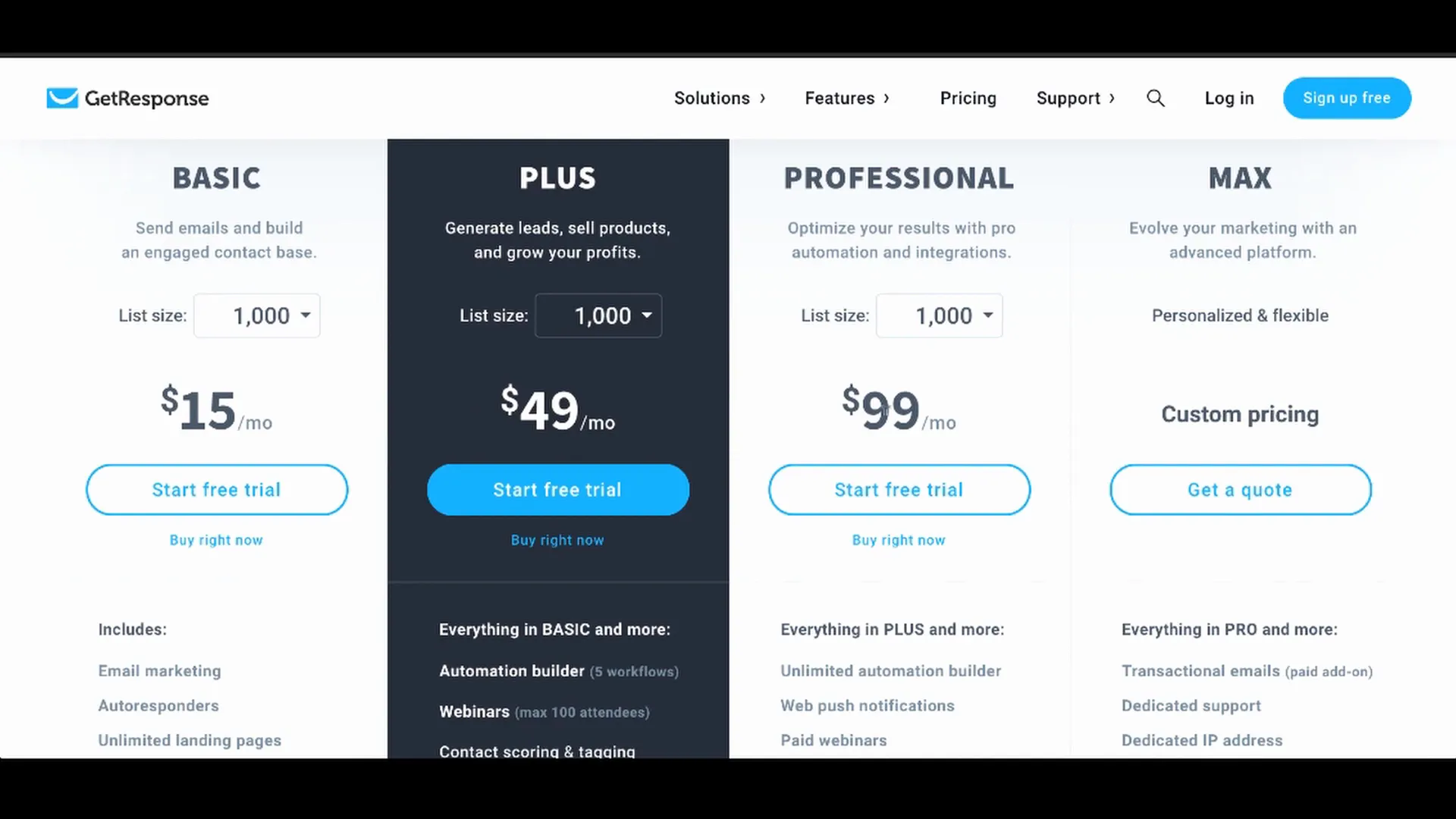 GetResponse pricing plans