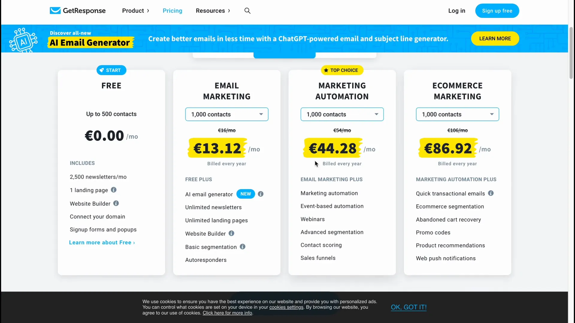 GetResponse pricing plans