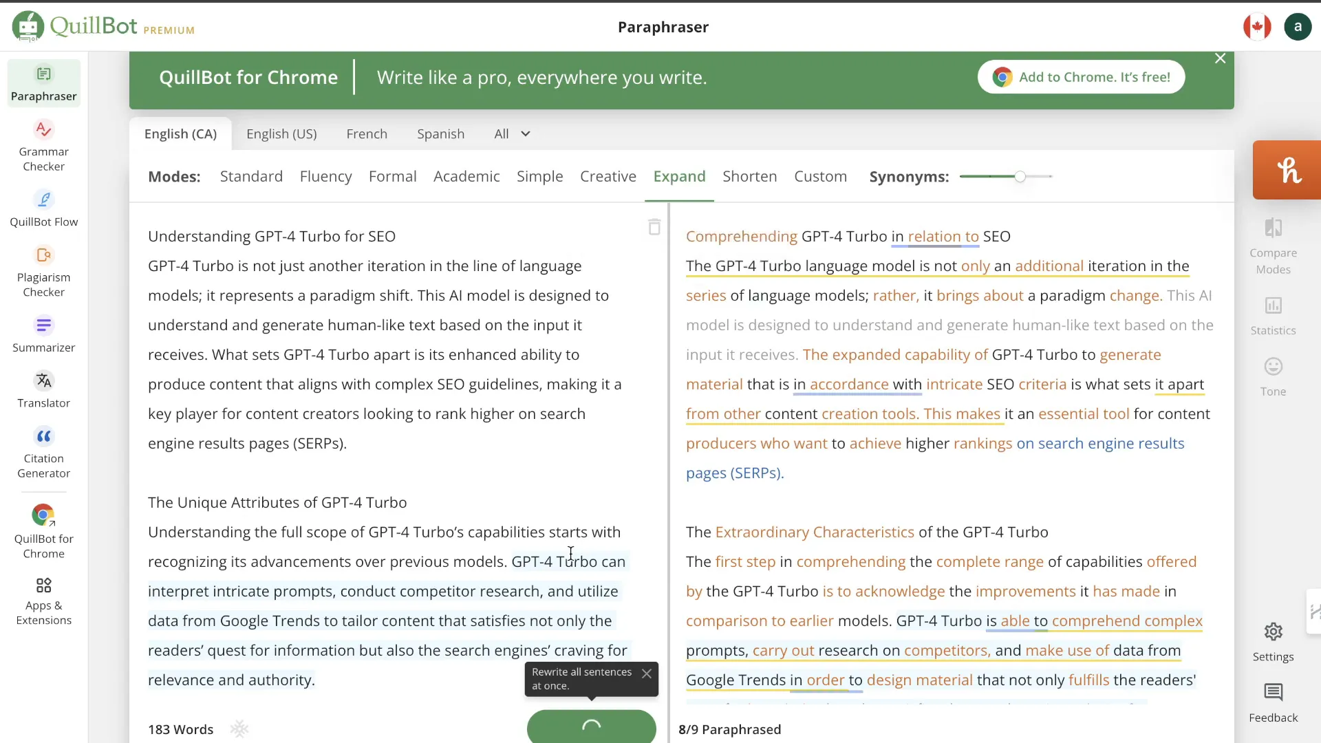 QuillBot expanding text from 183 to 250 words