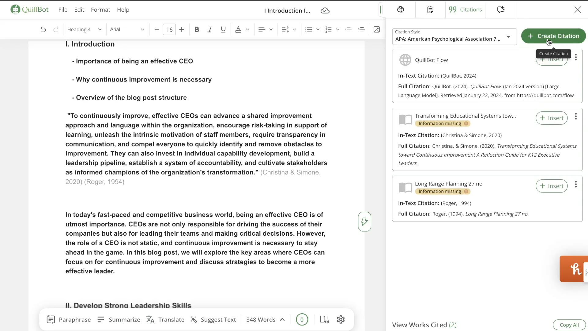 QuillBot citation generator in action