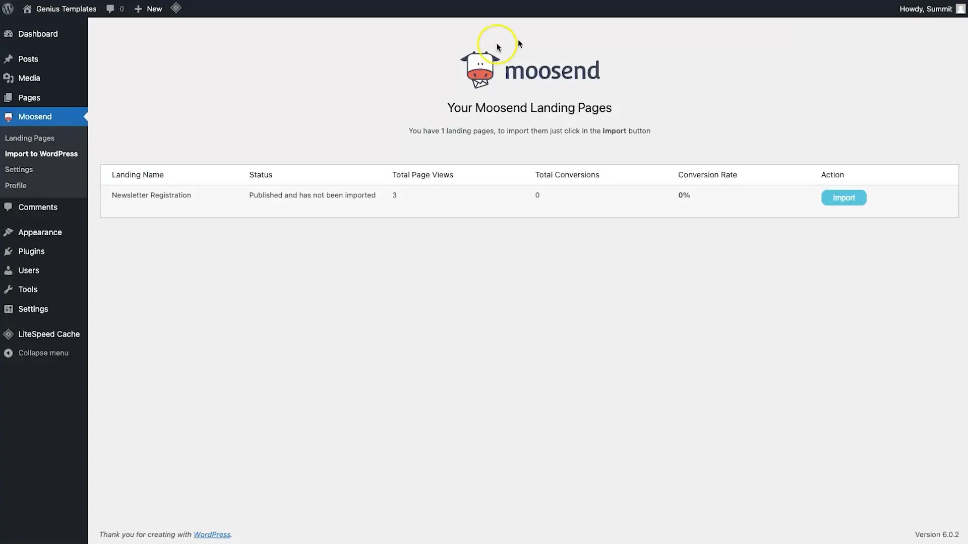 Import Moosend Landing Page to WordPress