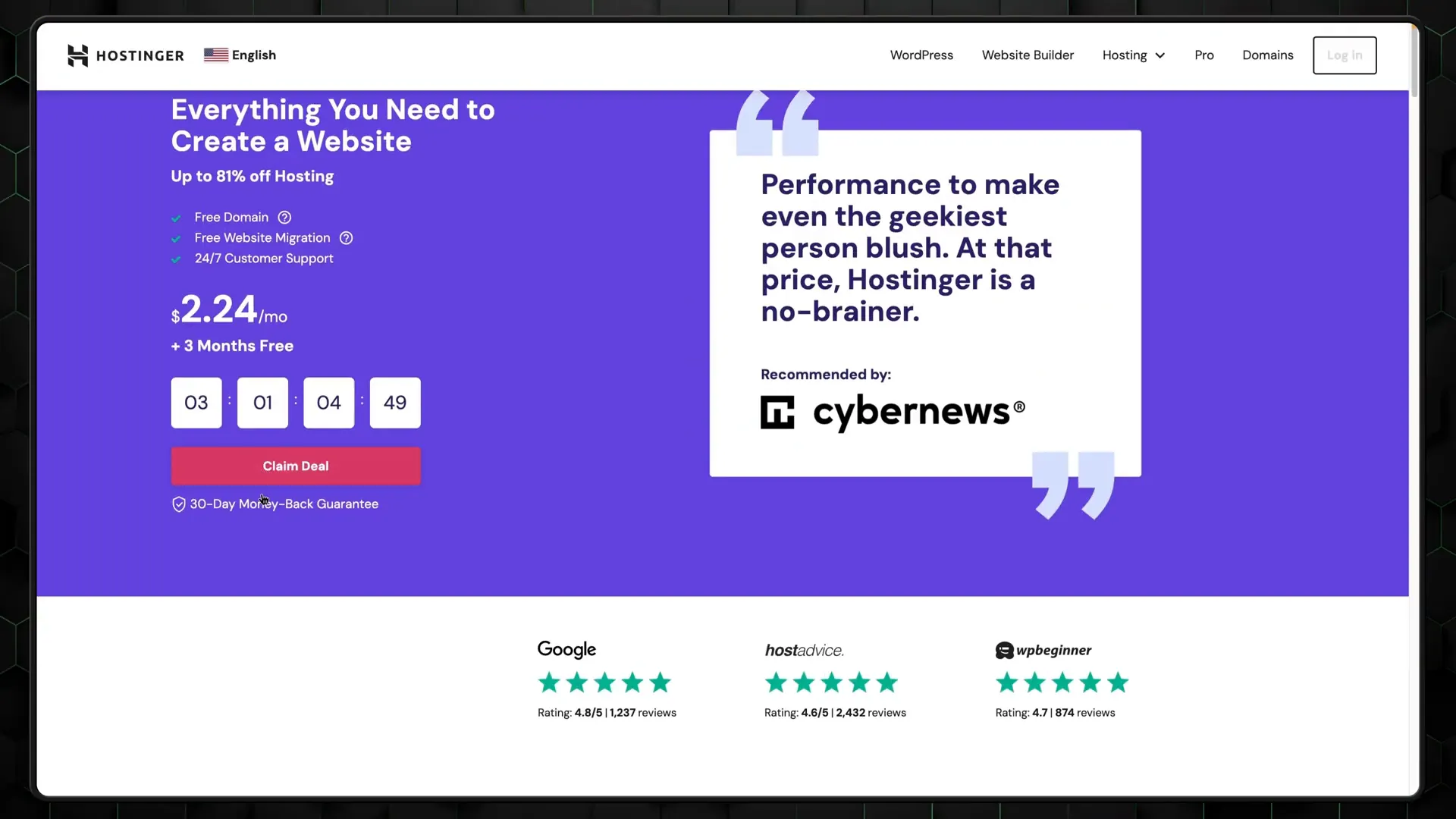 Hostinger pricing page with discount code applied